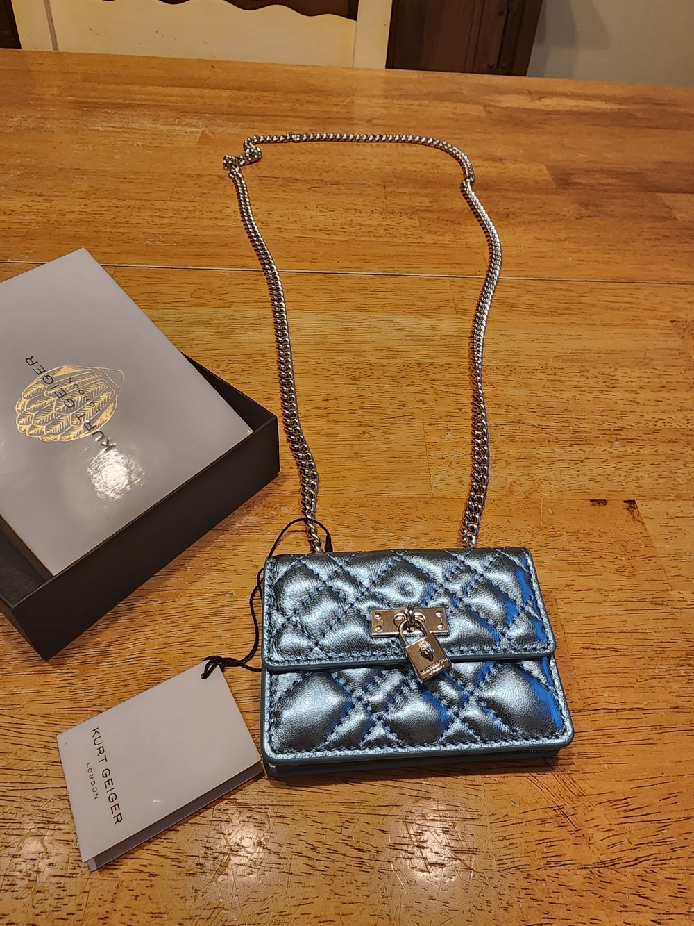 metallic blue diamond-quilted Kurt Geiger London Micro Brixton Shoulder Bag